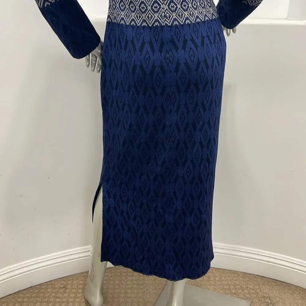 St. John Evening Diamond Jacquard Knit Maxi Dress Navy Blue Silver Long Sleeve 4 - Picture 12 of 14